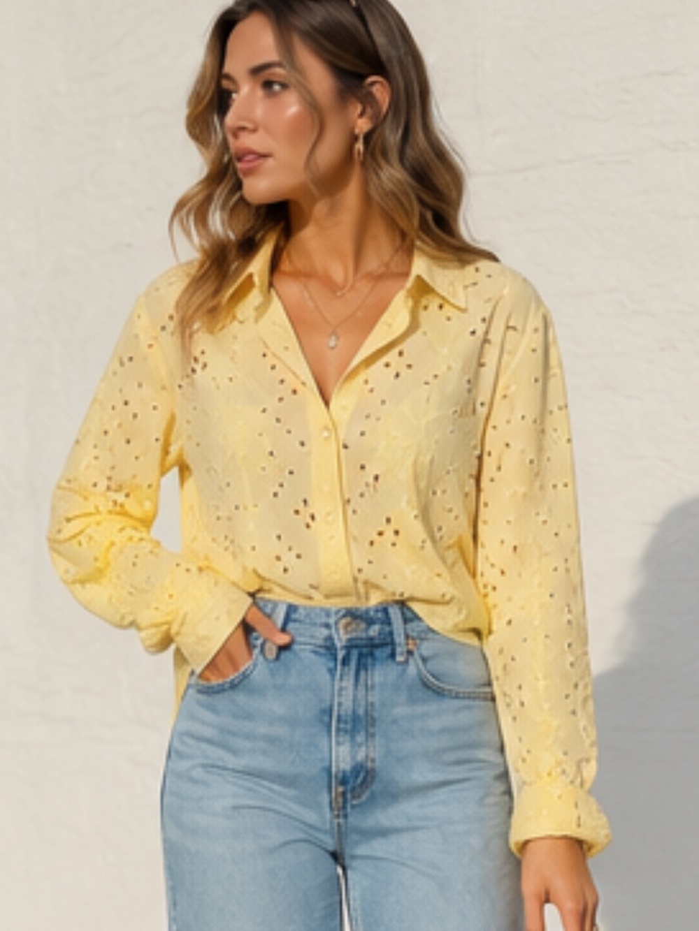 Michael Kors Light Yellow Eyelet Button Down Shirt
